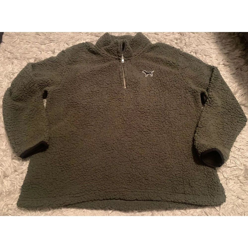 VICTORIA'S SECRET PINK QUARTER ZIP BOYFRIEND SHERPA PULLOVER Olive Green Sz L